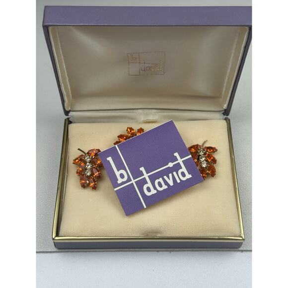 B. David Vintage Brooch & Clip On Earrings Orange Rhinestone Original Box - Picture 4 of 6